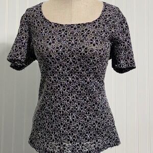 Vtg NICOLA Black Silver Metallic Lace Top Medium M Short Sleeve Made In USA Y2K